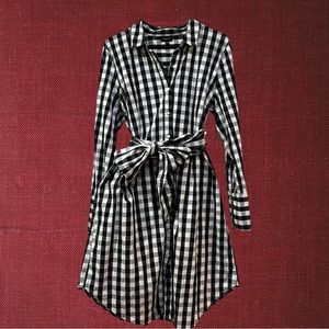 Buffalo Check Shirt Dress with Wide Tie - Gray/Black/White, XL